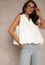 Biała Bluza Oversize z Kołnierzykiem o Rozkloszowanym Kroju Erivelle. Białe bluzy damskie Renee, m, bez wzorów, bez ramiączek, bez kaptura. Za 49.99 zł.
