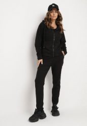 Czarny Komplet Dresowy Bluza z Kapturem i Spodnie z Troczkiem Sorttia. Czarne bluzy damskie Born2be, l, bez wzorów, z dresówki, bez ramiączek, z kapturem. Za 69.99 zł.