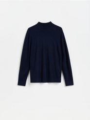 Gładki sweter z półgolfem - granatowy. Niebieskie swetry męskie Reserved, l, bez wzorów, z dzianiny, bez kołnierzyka, bez ramiączek. Za 129.99 zł.