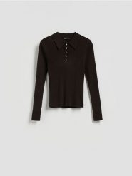 Sweter polo z wełną - brązowy. Brązowe swetry nierozpinane damskie Reserved, l, bez wzorów, z dzianiny, bez kołnierzyka, bez ramiączek. Za 129.99 zł.