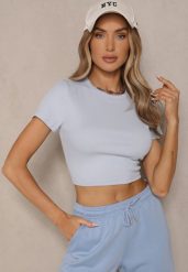 Jasnoniebieski T-shirt z Bawełny z Prążkowanego Materiału Aszedi. Niebieskie t-shirty damskie Renee, m, bez wzorów, z bawełny, klasyczne, bez kołnierzyka, bez ramiączek. Za 24.99 zł.