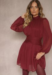 Bordowa Rozkloszowana Sukienka z Półprzeźroczystymi Wstawkami i Stójką Gelabine. Czerwone sukienki damskie Renee, na co dzień, l, bez wzorów, eleganckie, bez kołnierzyka, bez ramiączek, mini, proste. Za 119.99 zł.