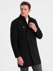 Płaszcz męski z asymetrycznym zapięciem - czarny V2 OM-COWC-0102 - XL. Czarne płaszcze męskie Ombre Clothing, l, bez wzorów, z poliesteru, z asymetrycznym kołnierzem, bez kaptura. W wyprzedaży za 199.99 zł.