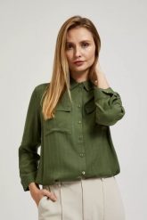 Koszula z kieszeniami i długimi rękawami khaki. Brązowe koszule damskie MOODO, bez wzorów, bez kołnierzyka, bez ramiączek. W wyprzedaży za 47.99 zł.