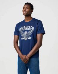 MESKA KOSZULKA WRANGLER AMERICANA TEE NAVY 112371477. Niebieskie t-shirty męskie Wrangler, m, bez wzorów, bez kołnierzyka, bez ramiączek. Za 79.99 zł.
