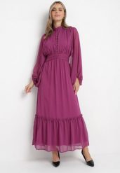 Fioletowa Rozkloszowana Sukienka Maxi z Falbanką Kamiva. Fioletowe sukienki damskie Born2be, m, z aplikacjami, bez kołnierzyka, bez ramiączek, maxi, rozkloszowane. Za 169.99 zł.