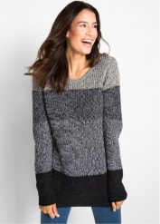 Sweter w szerokie pasy. Szare swetry nierozpinane damskie bonprix, bez wzorów, bez kołnierzyka, bez ramiączek. Za 114.99 zł.