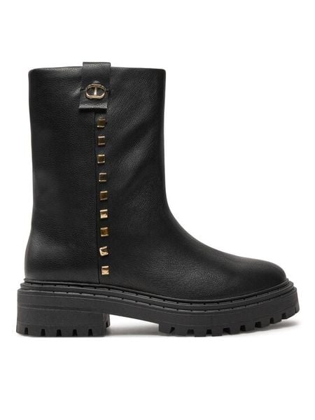 TWINSET Botki Biker 242TCP074 Czarny. Czarne botki damskie Twinset, bez wzorów, ze skóry, bez obcasa, na płaskiej podeszwie, bez zapięcia. Za 889.99 zł.