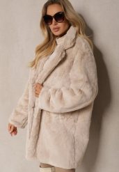 Beżowy Klasyczny Płaszcz Futrzany Vennira. Brązowe płaszcze damskie Renee, l, bez wzorów, z futra, eleganckie, bez kołnierzyka, bez kaptura. Za 189.99 zł.
