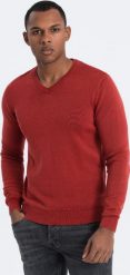 Ombre Sweter męski washowany z dekoltem w serek - czerwony V3 OM-SWOS-0108 XL. Czerwone swetry męskie Ombre, m, bez wzorów, bez kołnierzyka, bez ramiączek. Za 139.99 zł.