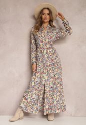 Żółto-Niebieska Sukienka Koszulowa w Kwiaty Mirannie. Żółte sukienki damskie Renee, l, bez wzorów, boho, bez kołnierzyka, bez ramiączek, maxi, koszulowe. Za 74.99 zł.