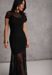 Czarna Wieczorowa Sukienka z Siateczki z Wiskozą na Krótki Rękaw Chareino. Czarne sukienki damskie Renee, na imprezę, l, bez wzorów, z tkaniny, wizytowe, bez kołnierzyka, bez ramiączek, maxi. Za 209.99 zł.