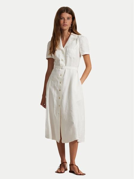 Polo Ralph Lauren Sukienka koszulowa 211972041001 Biały Regular Fit. Białe sukienki damskie Polo Ralph Lauren, bez wzorów, ze lnu, bez kołnierzyka, bez ramiączek, koszulowe. Za 839.99 zł.