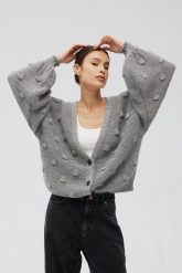 Kardigan zapinany na guziki w kolorze GREY - BUBLE-UNI. Szare kardigany damskie Marsala, uniwersalny, bez wzorów, z jeansu, biznesowe, bez kołnierzyka. Za 349.90 zł.