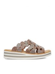 Rieker Klapki CEO-V02R8-90 Złoty. Żółte klapki damskie Rieker, bez wzorów, z materiału, bez obcasa, bez zapięcia. Za 319.99 zł.