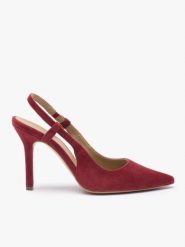 Bordowe czółenka slingback bez pięty ze skóry welurowej. Czerwone czółenka damskie Ryłko, bez wzorów, z gumy, eleganckie, bez obcasa, na szpilce, bez zapięcia. Za 399.99 zł.