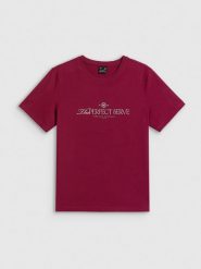 4F T-shirt relaxed z nadrukiem damski - burgundowy S. Czerwone t-shirty damskie 4F, s, bez wzorów, z bawełny, bez kołnierzyka, bez ramiączek. Za 79.99 zł.