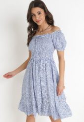 Niebieska Bawełniana Sukienka Hiszpanka w Kwiatki Rutani. Niebieskie sukienki damskie Born2be, na imprezę, na lato, m, bez wzorów, z bawełny, eleganckie, bez kołnierzyka, bez ramiączek, midi. Za 44.99 zł.