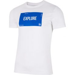 T-shirt męski TSM009 - biały. Białe t-shirty męskie 4F, m, bez wzorów, bez kołnierzyka, bez ramiączek. W wyprzedaży za 34.99 zł.