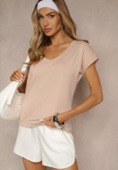 Beżowy T-shirt z Bawełny z Dekoltem w Serek Linithiela. Brązowe t-shirty damskie Renee, xs, bez wzorów, z bawełny, bez kołnierzyka, bez ramiączek. Za 39.99 zł.