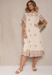 Beżowa Sukienka z Wiskozą o Pudełkowym Kroju z Kołnierzykiem z Haftem Sanavelle. Brązowe sukienki damskie Renee, na co dzień, l, bez wzorów, z wiskozy, eleganckie, bez kołnierzyka, bez ramiączek, midi. Za 89.99 zł.