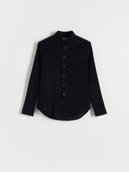 Koszula slim z bawełny egipskiej - granatowy. Niebieskie koszule męskie Reserved, l, bez wzorów, z bawełny, bez kołnierzyka, bez ramiączek. W wyprzedaży za 69.99 zł.