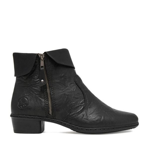 Botki Rieker. Czarne botki damskie Rieker, bez wzorów, bez obcasa, na słupku, bez zapięcia. Za 399.99 zł.