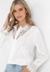 Biała Koszula z Koronką i Sargaia. Białe koszule damskie Born2be, m, bez wzorów, z koronki, eleganckie, bez kołnierzyka, bez ramiączek. Za 159.99 zł.