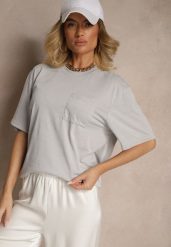 Jasnoszara Koszulka T-shirt z Naszytą Kieszonką TLanitra. Szare bluzki damskie Renee, l, bez wzorów, z jeansu, eleganckie, bez kołnierzyka, bez ramiączek. Za 39.99 zł.
