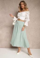 Jasnozielone Spodnie Typu Kuloty High Waist o Szerokim Kroju z Marszczeniem Araliannis. Zielone spodnie materiałowe damskie Renee, bez wzorów, z jeansu, eleganckie, z podwyższonym stanem. Za 39.99 zł.
