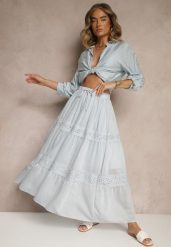 Jasnoniebieska Rozkloszowana Spódnica z Wiskozą Zdobiona Koronką Bannela. Niebieskie spódnice damskie Renee, na co dzień, m, z aplikacjami, z koronki, eleganckie, maxi, dopasowane. Za 99.99 zł.