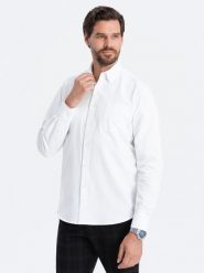 Bawełniana koszula męska Oxford z kieszonką REGULAR – biała V1. Białe koszule męskie Ombre Clothing, l, z aplikacjami, z bawełny, biznesowe, bez kołnierzyka, bez ramiączek. W wyprzedaży za 49.99 zł.