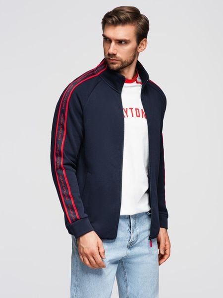 Bluza męska rozpinana z lampasami i wysoką stójką – granatowa V3 - Rozmiar: XL. Niebieskie bluzy sportowe męskie Ombre Clothing, m, bez wzorów, z bawełny, bez kaptura. Za 209.99 zł.