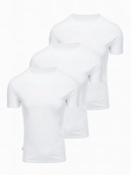 Zestaw męskich koszulek bawełnianych BASIC z okrągłym dekoltem – 3x biały V11 OM-TSBS-0268 (3x. Białe t-shirty męskie Ombre Clothing, m, bez wzorów, z bawełny, bez kołnierzyka, bez ramiączek. W wyprzedaży za 97.99 zł.