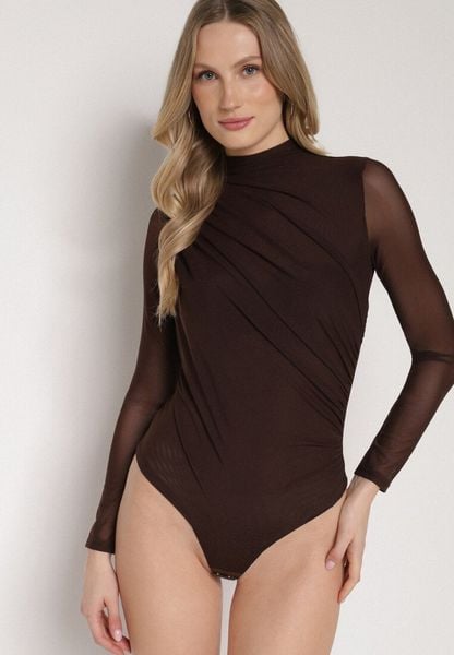 Brązowe Siateczkowe Body z Dodatkiem Wiskozy z Długim Rękawem i Stójką Lianasia. Brązowe body Born2be, bez wzorów, z jeansu. Za 99.99 zł.