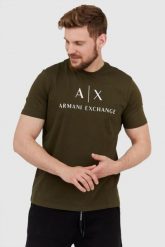 ARMANI EXCHANGE Oliwkowy t-shirt męski z białym logo. Zielone t-shirty męskie Armani Exchange, l, bez wzorów, prążkowane, bez kołnierzyka, bez ramiączek. W wyprzedaży za 159.99 zł.