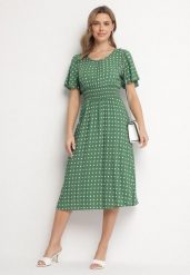 Zielona Sukienka z Bawełny Rozkloszowana w Kropki Toliennea. Zielone sukienki damskie Born2be, na co dzień, l, bez wzorów, z bawełny, eleganckie, bez kołnierzyka, bez ramiączek, midi, rozkloszowane. Za 44.99 zł.