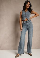 Niebieskie Jeansy High Waist z Szeroką Nogawką Uliswena. Niebieskie jeansy damskie Renee, bez wzorów, z jeansu, eleganckie, z podwyższonym stanem. Za 139.99 zł.