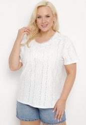 Biały T-shirt Bluzka z Ażurowym Wzorem i Koronką Civina. Białe bluzki damskie Born2be, xl, z aplikacjami, z jeansu, eleganckie, bez kołnierzyka, bez ramiączek. Za 34.99 zł.