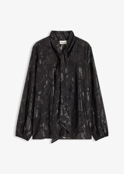 Bluzka z haftem. Czarne bluzki damskie bonprix, bez wzorów, bez kołnierzyka, bez ramiączek. Za 139.99 zł.