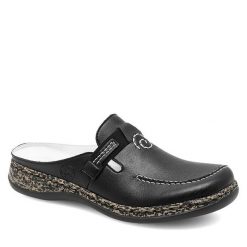 Klapki Rieker. Czarne klapki damskie Rieker, bez wzorów, bez obcasa, bez zapięcia. Za 189.99 zł.