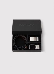 PAKO LORENTE - Dwustronny skórzany pasek z błyszczącą klamrą. Brązowe paski męskie Pako Lorente, ze skóry. Za 139.99 zł.