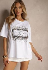 Biały T-shirt z Bawełny Zdobiony Nadrukiem z Cyrkoniami Idelunea. Białe t-shirty damskie Renee, s, z aplikacjami, z bawełny, eleganckie, bez kołnierzyka, bez ramiączek. Za 34.99 zł.