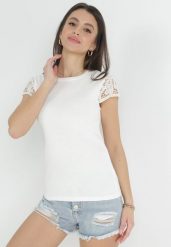 Biała Bluzka z Koronkowymi Rękawami z Bawełny Liliasa. Białe bluzki damskie Born2be, m, bez wzorów, z bawełny, bez kołnierzyka, bez ramiączek. Za 59.99 zł.