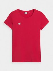 4F T-shirt slim gładki damski - czerwony XS. Czerwone t-shirty damskie 4F, xs, bez wzorów, z bawełny, klasyczne, bez kołnierzyka, bez ramiączek. Za 59.99 zł.