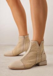 Beżowe Plecione Botki z Wkładką ze Skóry Naturalnej Nadelle. Brązowe botki damskie Renee, bez wzorów, z jeansu, boho, bez obcasa, na płaskiej podeszwie, bez zapięcia. Za 199.99 zł.