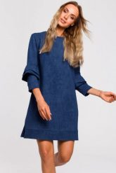 Sukienka trapezowa z bawełnianej dzianiny z nadrukiem jak jeans. Niebieskie sukienki damskie Sukienki.shop, do pracy, l, bez wzorów, z bawełny, biznesowe, bez kołnierzyka, bez ramiączek, mini, proste. Za 149.00 zł.