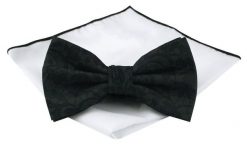 Mucha Męska z Poszetką (Zestaw) - Chattier - Czarna, Kwiatowa Faktura Materiału. Czarne krawaty i muchy Chattier, bez wzorów, eleganckie. Za 59.00 zł.