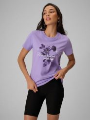 4F T-shirt regular z nadrukiem damski - fioletowy XS. Fioletowe t-shirty damskie 4F, xs, bez wzorów, z bawełny, klasyczne, bez kołnierzyka, bez ramiączek. W wyprzedaży za 39.99 zł.
