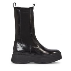 Sztyblety Calvin Klein. Czarne botki damskie Calvin Klein, bez wzorów, bez obcasa, na koturnie, bez zapięcia. Za 1,079.00 zł.